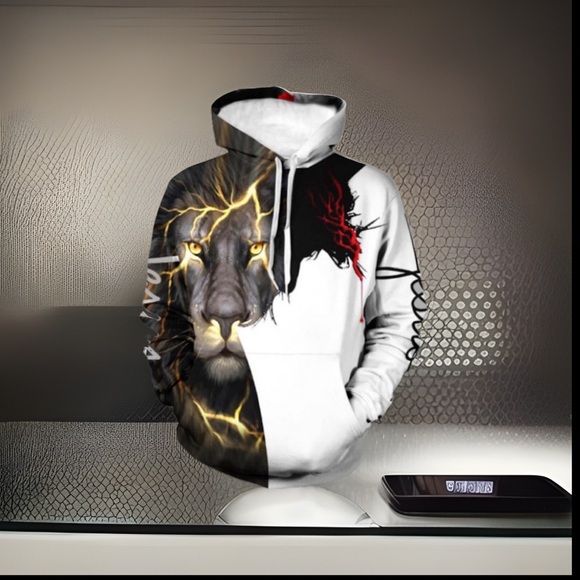 LION & JESUS On The Cross WVerse Long Sleeve kangaroo Pocket Hoodie Pullover - Picture 1 of 7